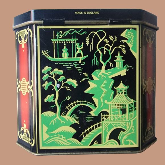 Vintage 1950s Chinoiserie Hinged Lid Tin Canister for Bristow of Devon Candies - Picture 2 of 6